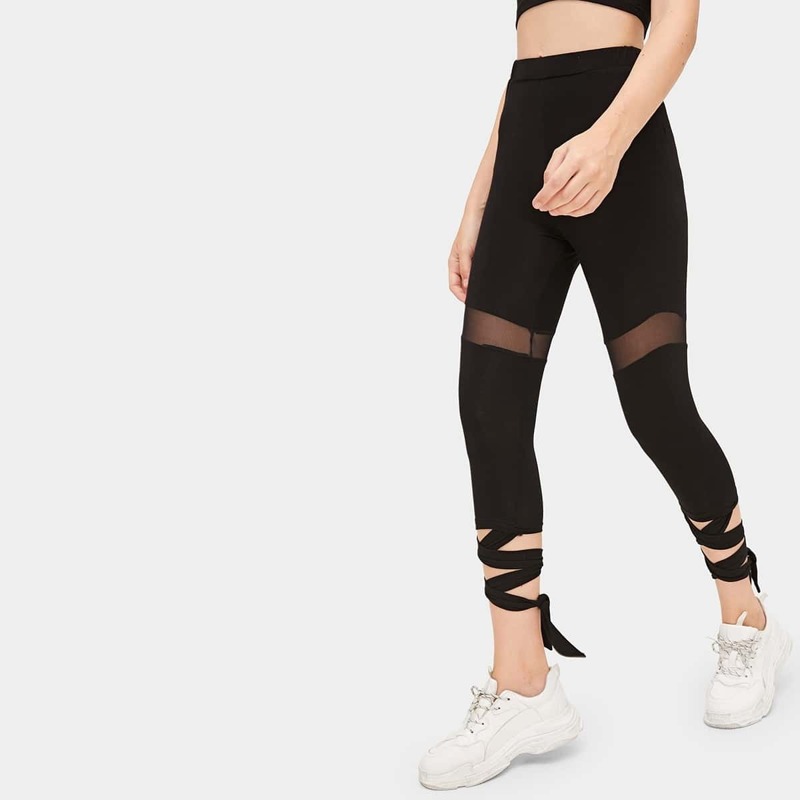 

Mesh Insert Lace Up Hem Leggings, Black
