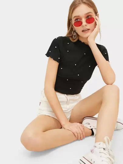 Summer Outfits Lettuce Trim Pearl Beading Crop Tee