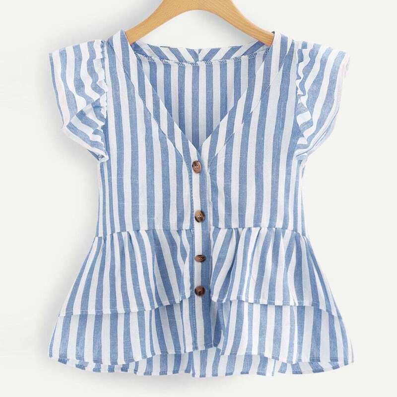 

Plus Striped Ruffle Hem Blouse, Blue