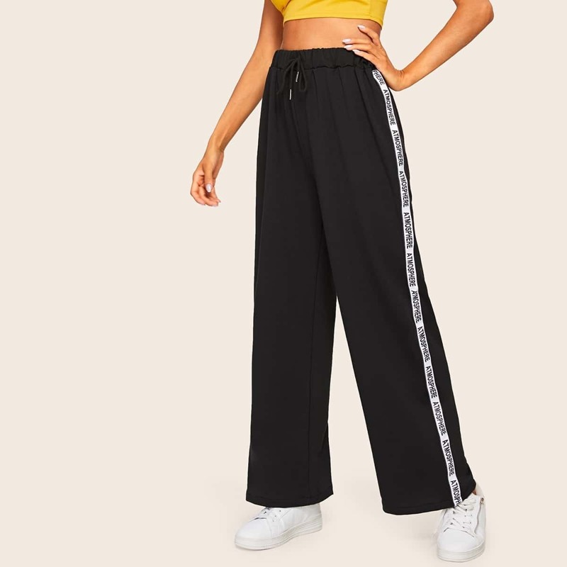 

Letter Tape Side Wide Leg Pants, Black