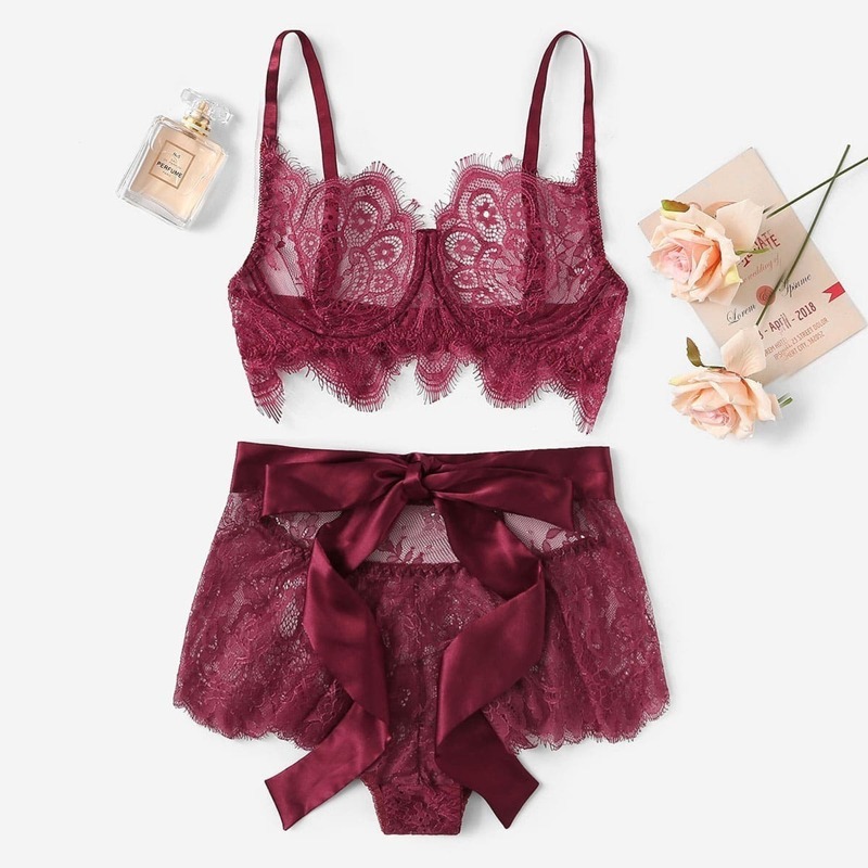 

Bow Tie Eyelash Floral Lace Lingerie Set, Burgundy
