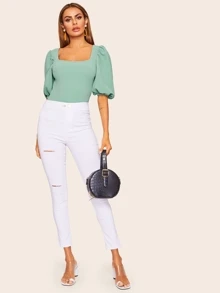 SHEIN Privé Top sólido de manga farol - verde menta - Ver 3