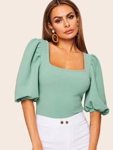 SHEIN Privé Top sólido de manga farol - verde menta - Ver 4