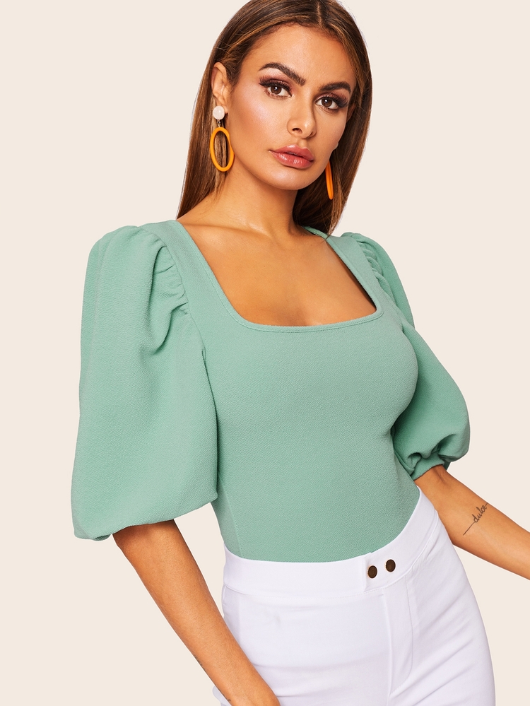 SHEIN Privé Square Neck Puff Sleeve Top - Mint Green - View 5