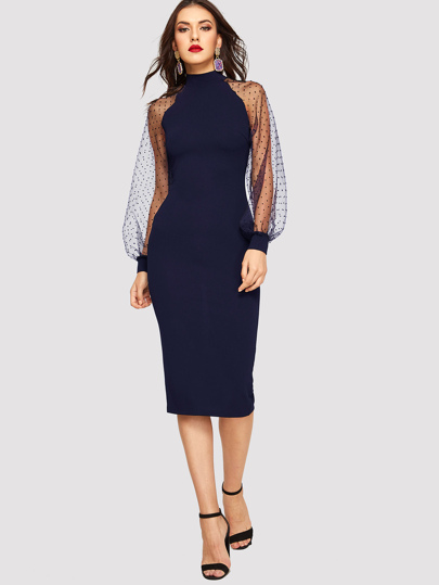 Robe crayon avec manches raglan transparentes en jacquard
