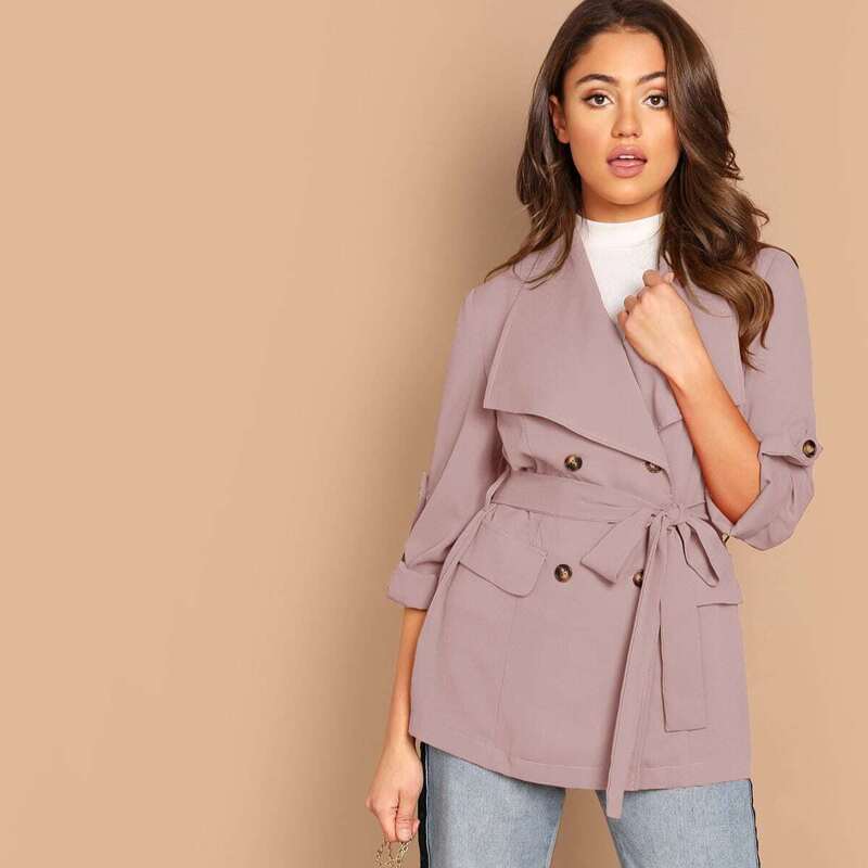 

Double Breasted Roll Up Sleeve Belted Coat, Pink