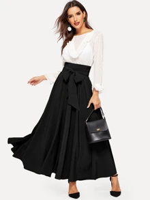 Modelyn High Waist Zip Back Knot Swing Skirt - Black - View 3