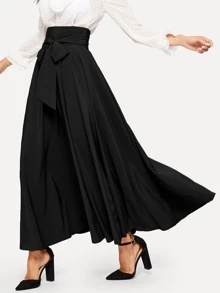 Modelyn High Waist Zip Back Knot Swing Skirt - Black - View 4