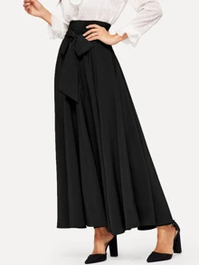 Modelyn High Waist Zip Back Knot Swing Skirt - Black - View 5