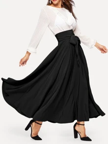 Modelyn High Waist Zip Back Knot Swing Skirt - Black - View 6