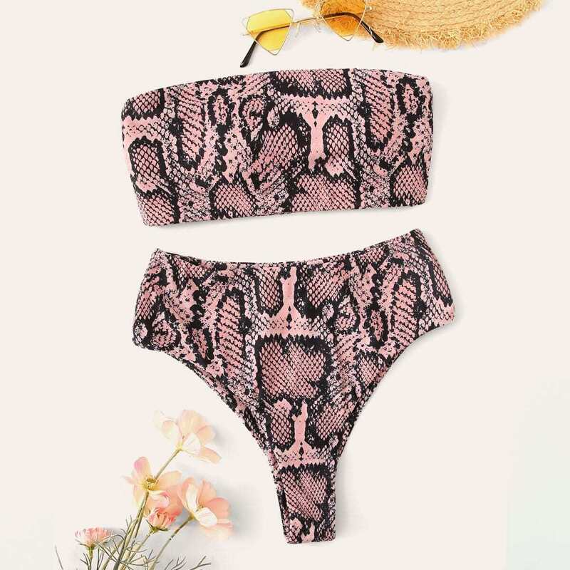 

Snake Print Bandeau With High Waist Bikini Set, Multicolor