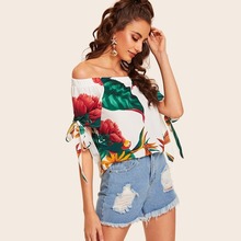 Off The Shoulder Knot Cuff Floral Print Blouse