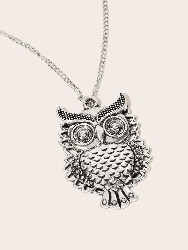 Owl Pendant Chain Necklace 1pc - Silver - View 4