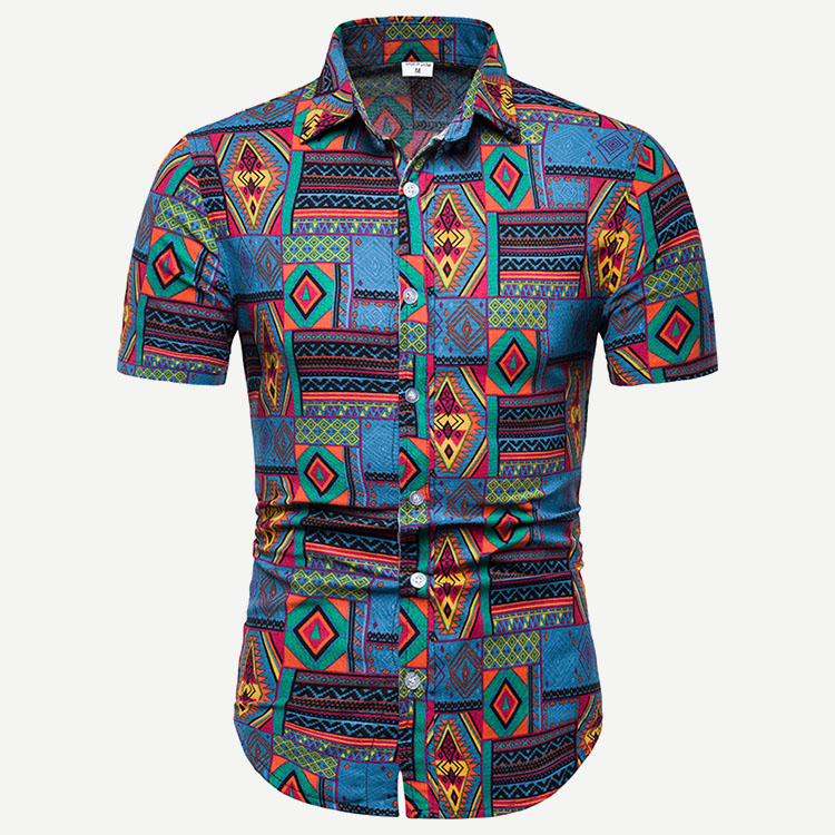 

Men Tribal Print Curved Hem Shirt, Multicolor