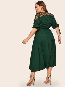 Plus Contrast Mesh Knot Cuff Belted Dress - Dark Green - View 2