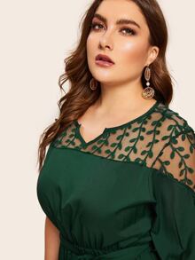 Plus Contrast Mesh Knot Cuff Belted Dress - Dark Green - View 4