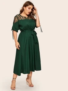 Plus Contrast Mesh Knot Cuff Belted Dress - Dark Green - View 5