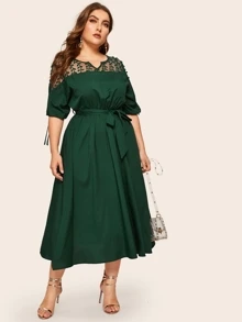 Plus Contrast Mesh Knot Cuff Belted Dress - Dark Green - View 1