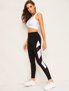 Contrast Mesh Color-block Leggings - Black - View 3