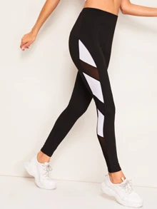 Contrast Mesh Color-block Leggings - Black - View 1