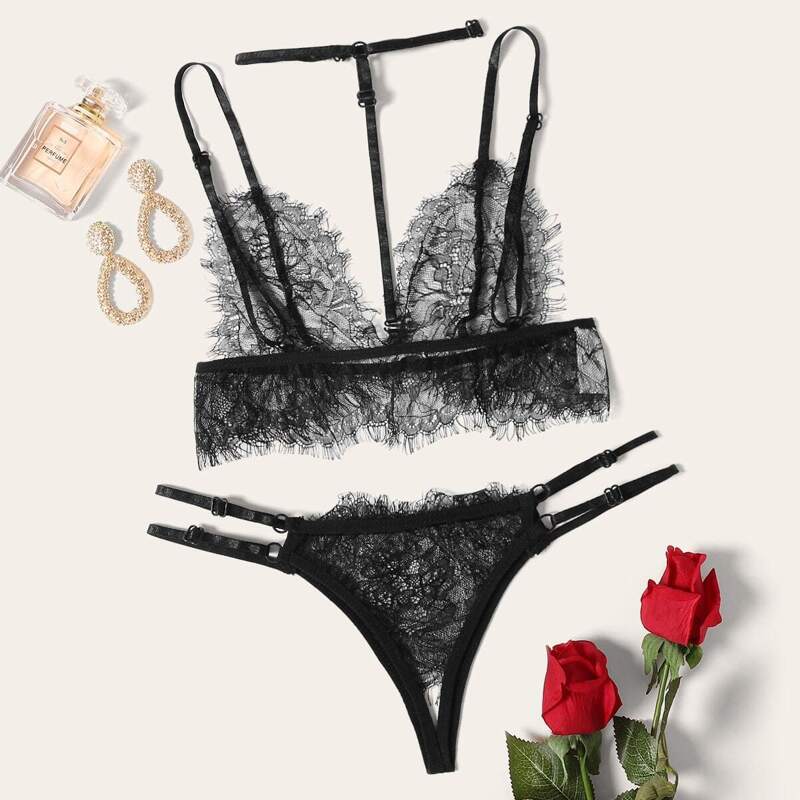 

Floral Lace Lingerie Set With Choker, Black