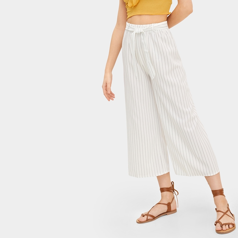 

Striped Belted Wide Leg Pants, White