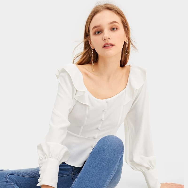 

Ruffle Trim Covered Button Peplum Top, White