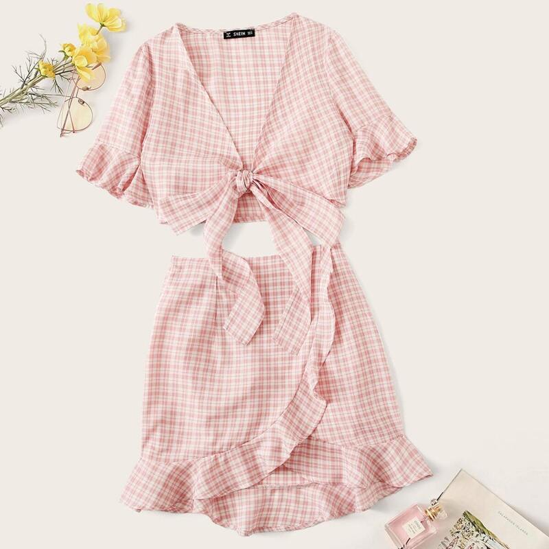 

Plunging Knot Plaid Top & Ruffle Trim Skirt Set, Pink