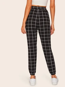 SHEIN Grid Drawstring Waist Elastic Hem Pants - Black and White - View 3