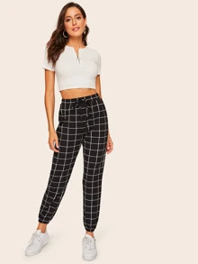 SHEIN Grid Drawstring Waist Elastic Hem Pants - Black and White - View 4