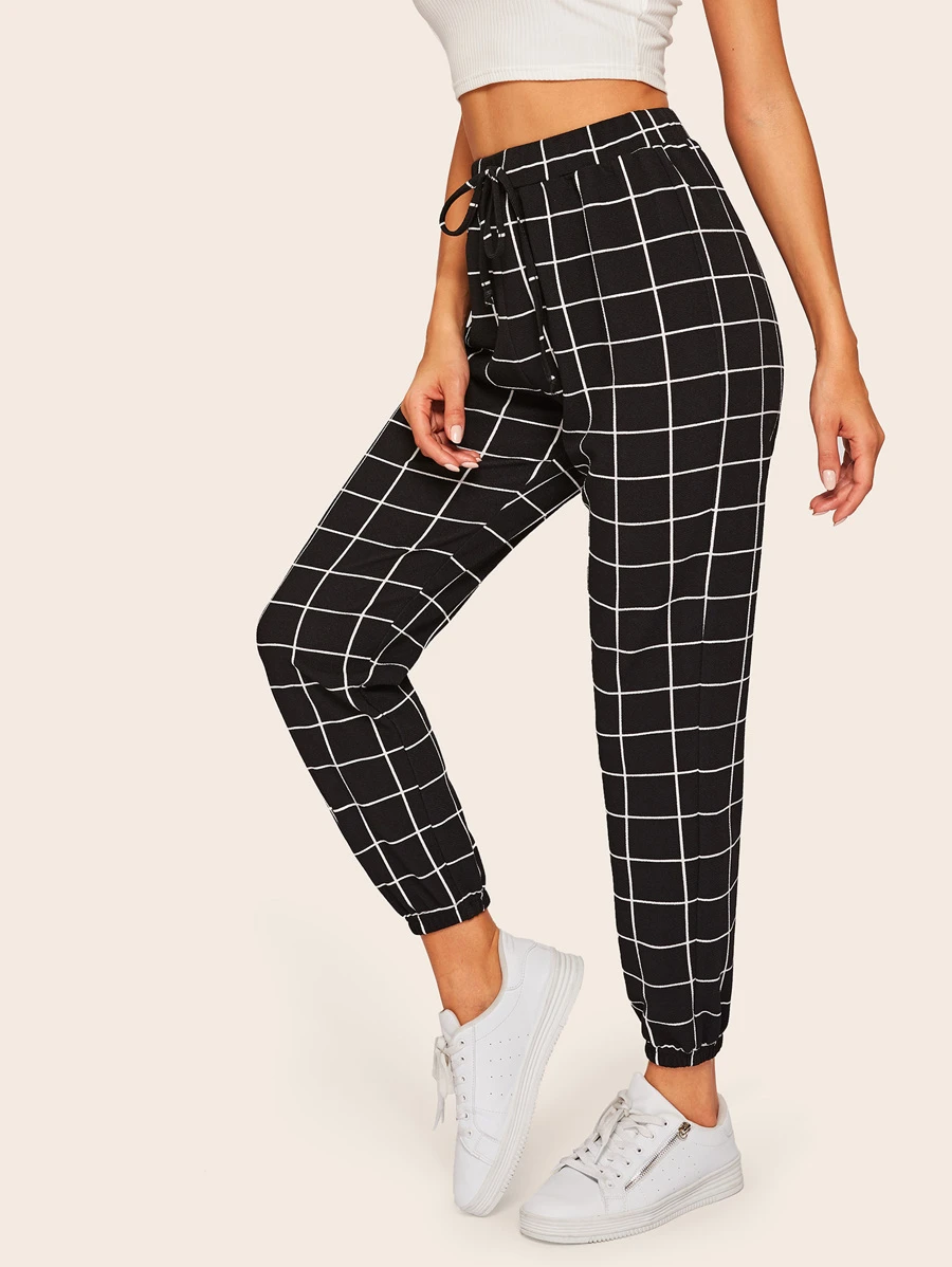 SHEIN Grid Drawstring Waist Elastic Hem Pants - Black and White - View 1