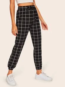SHEIN Grid Drawstring Waist Elastic Hem Pants - Black and White - View 2