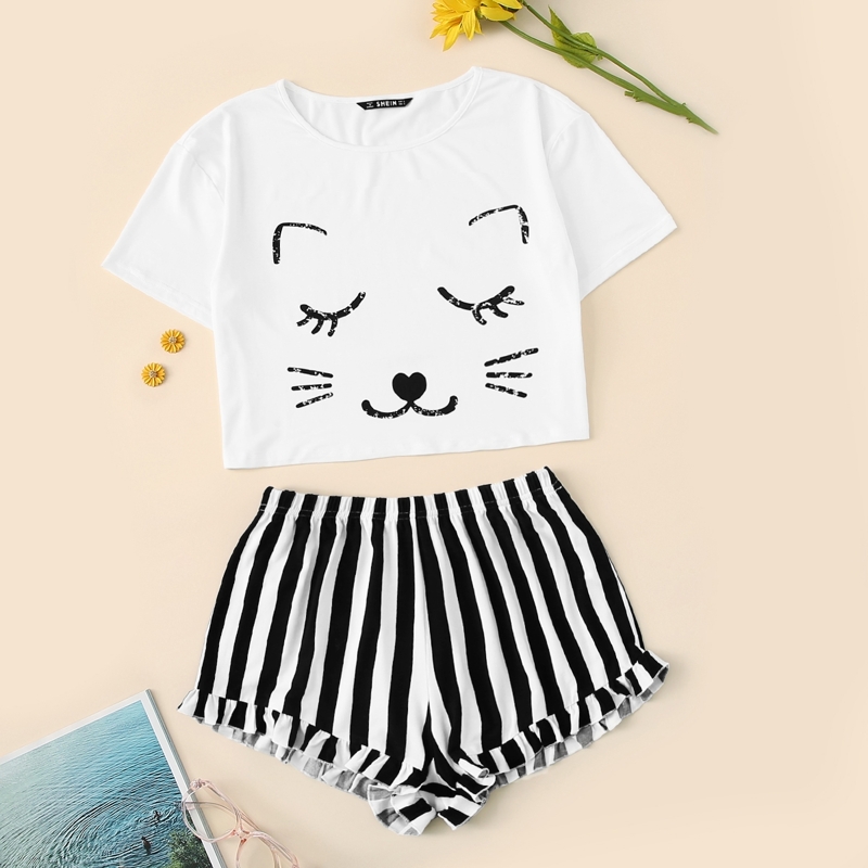 

Cat Graphic Crop Tee & Striped Shorts PJ Set, Black and white