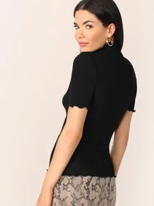 SHEIN Essnce Lettuce Trim Form Fitted Rib-knit T-shirt - Black - View 2