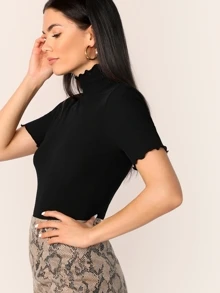 SHEIN Essnce Lettuce Trim Form Fitted Rib-knit T-shirt - Black - View 3