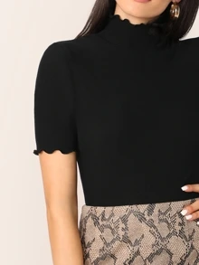 SHEIN Essnce Lettuce Trim Form Fitted Rib-knit T-shirt - Black - View 4