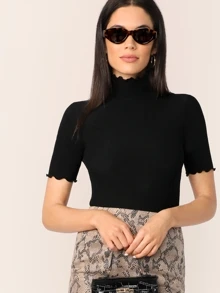 SHEIN Essnce Lettuce Trim Form Fitted Rib-knit T-shirt - Black - View 1