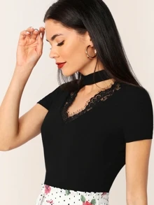 SHEIN Clasi Eyelash Lace Trim Choker Neck Fitted Top - Black - View 3