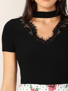 SHEIN Clasi Eyelash Lace Trim Choker Neck Fitted Top - Black - View 4