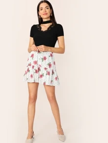SHEIN Clasi Eyelash Lace Trim Choker Neck Fitted Top - Black - View 5
