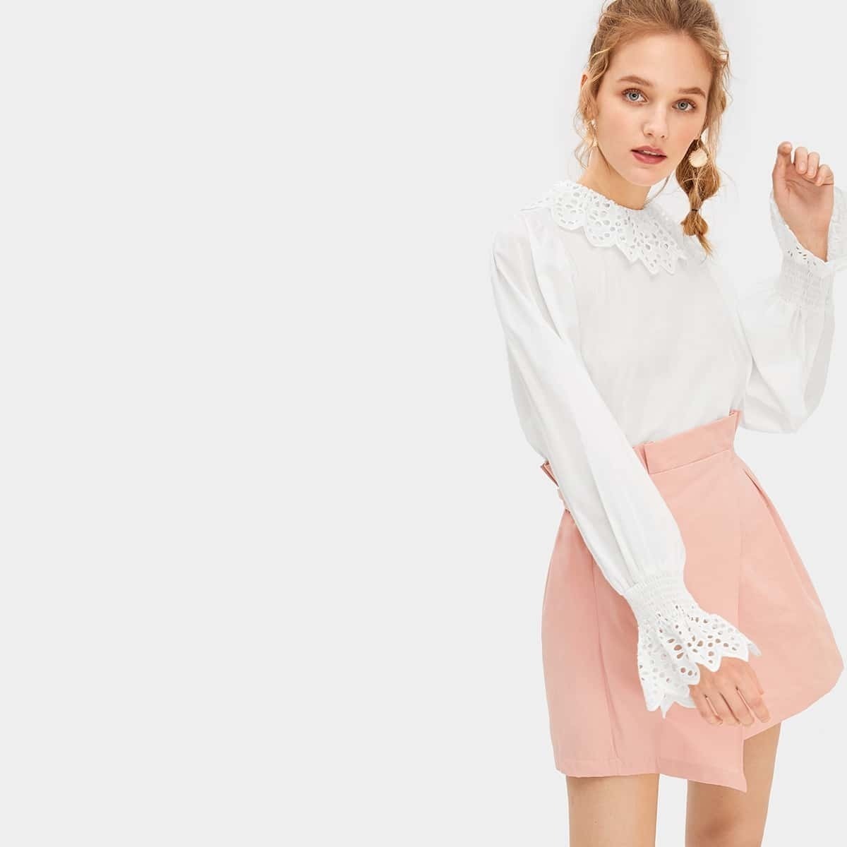 

Flounce Cuff Laser Cut Blouse, White