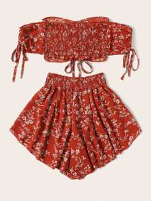 Calico Print Drawstring Detail Crop Top With Shorts - Red - View 2