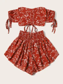 Calico Print Drawstring Detail Crop Top With Shorts - Red - View 3
