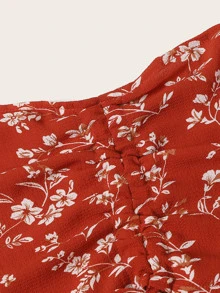 Calico Print Drawstring Detail Crop Top With Shorts - Red - View 4