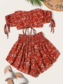 Calico Print Drawstring Detail Crop Top With Shorts - Red - View 1