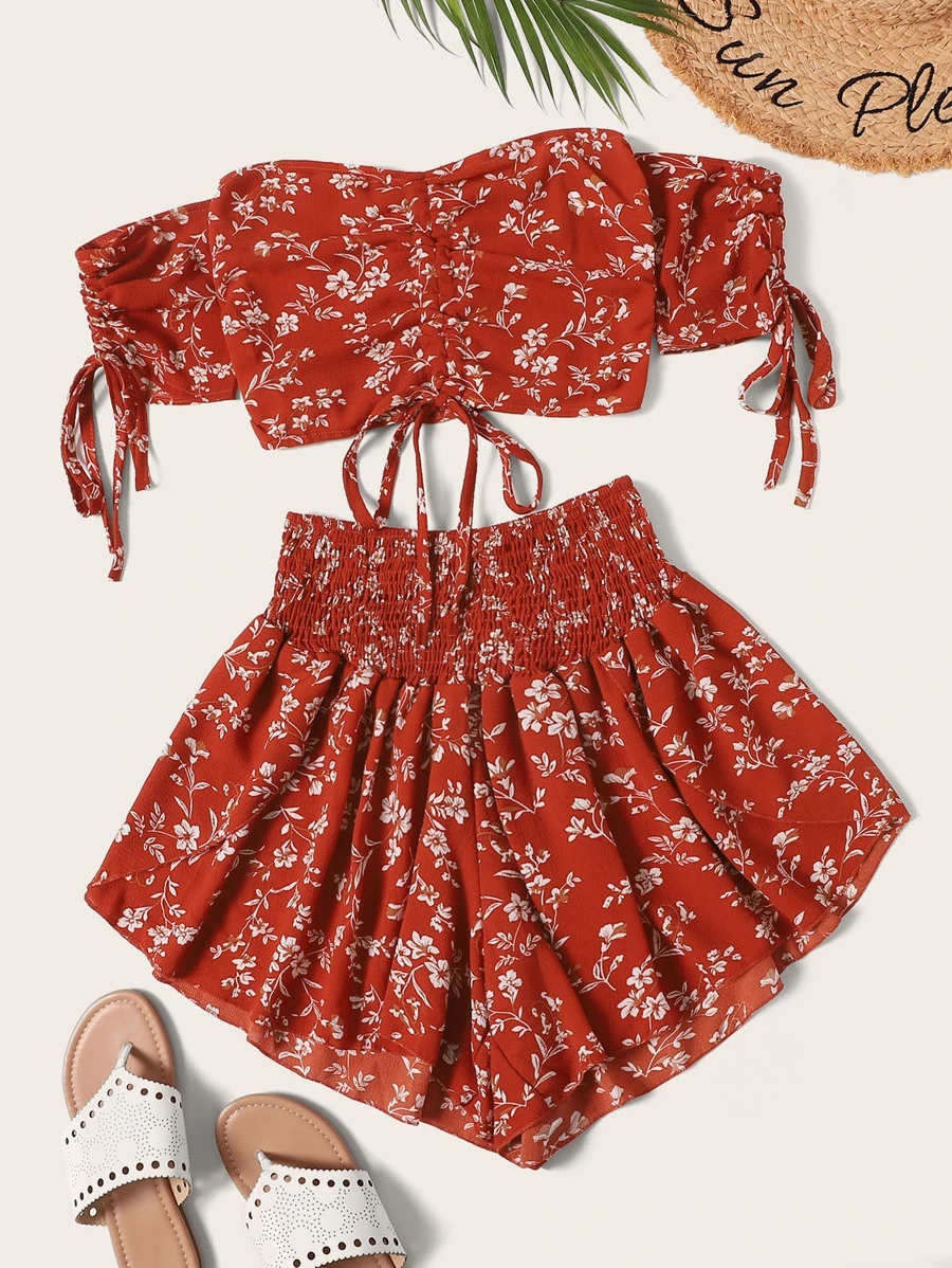 Calico Print Drawstring Detail Crop Top With Shorts - Red - View 1