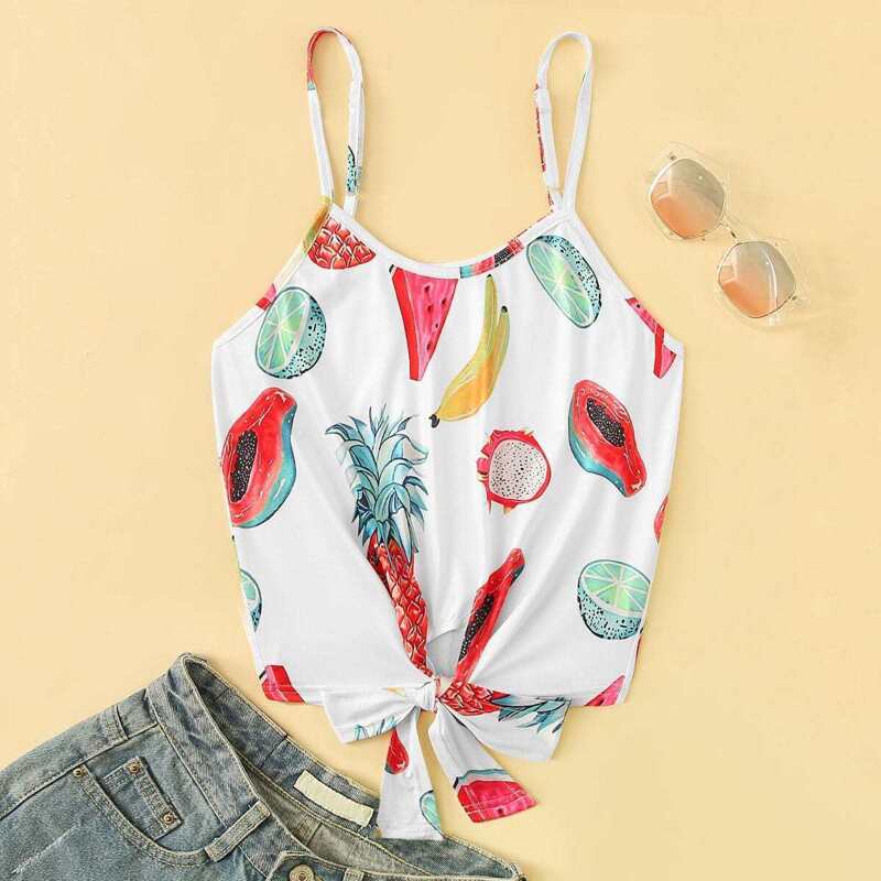 

Fruit Print Knot Hem Cami Top, White