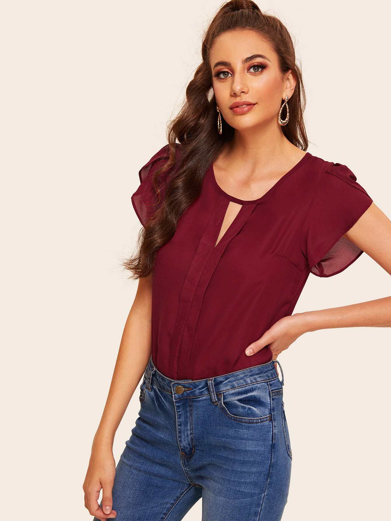 keyhole front petal sleeve blouse