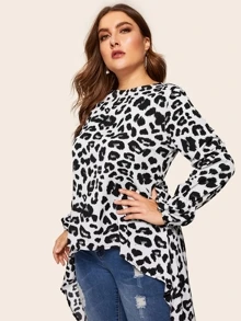 SHEIN Clasi Plus Dip Hem Leopard Print Blouse - Black and White - View 3