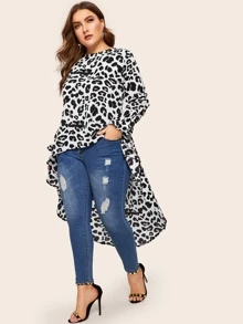 SHEIN Clasi Plus Dip Hem Leopard Print Blouse - Black and White - View 5